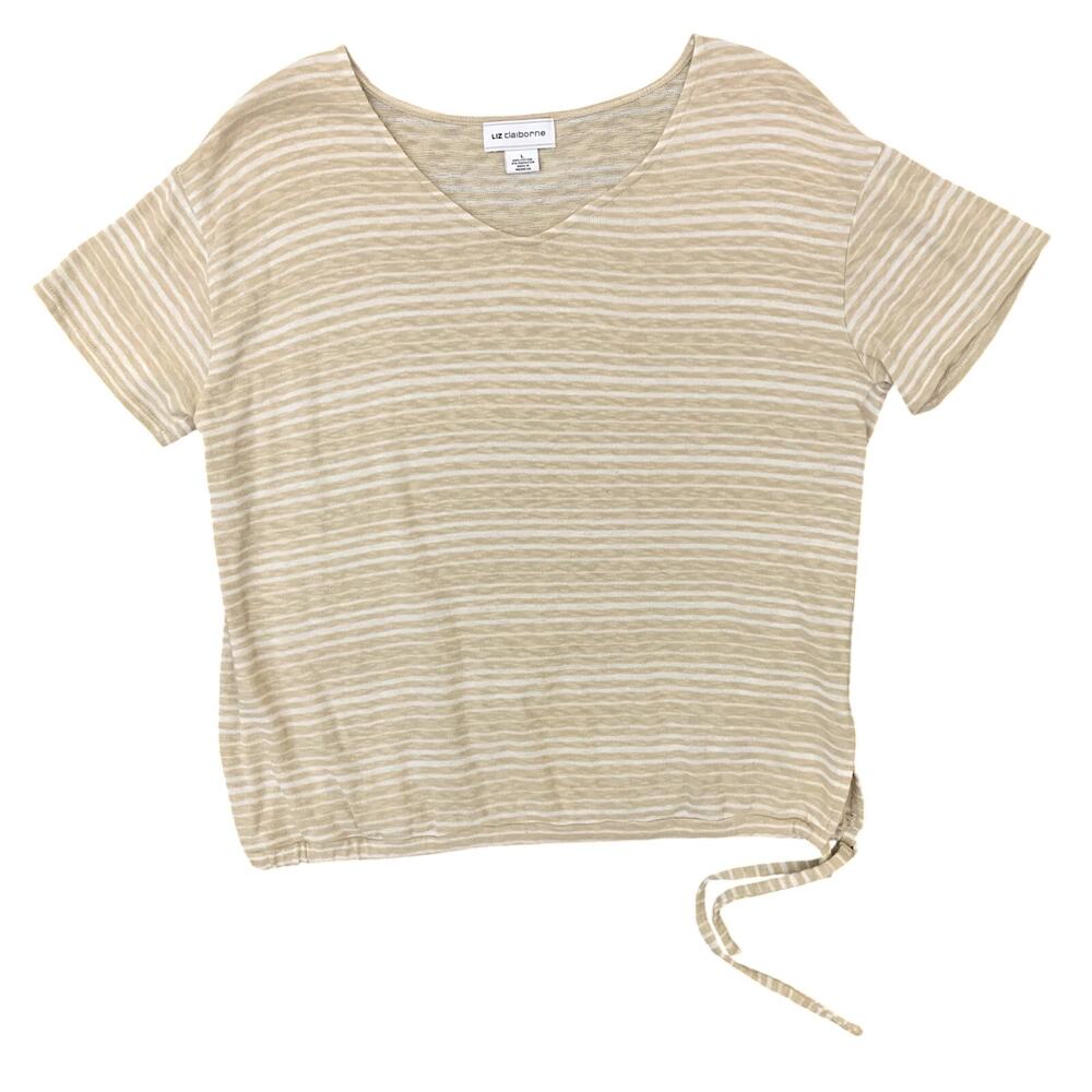 Short Sleeve Top Light Tan and White Stripe Cotton Blend Liz Claiborne Size L